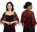 Alexvyan Floral Design Triangle Lace Stole and Wraps for Evening Dresses with Tassels for Evening Party Mesh Wedding Shawls for Summer (Wine Red)