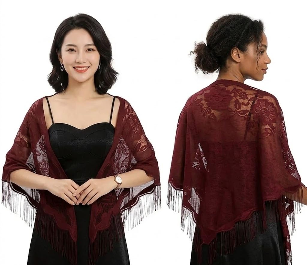 Alexvyan Floral Design Triangle Lace Stole and Wraps for Evening Dresses with Tassels for Evening Party Mesh Wedding Shawls for Summer (Wine Red)