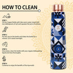 MERCAPE Pure Copper Water Bottle 900ml | Jointless Design | Leak Proof Copper Bottle with Printed Blue Geometric Pattern | Reusable Water Bottle for Home, Office, Gym & Travel