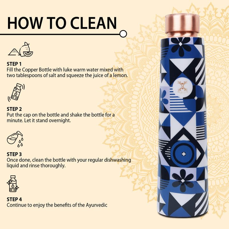 MERCAPE Pure Copper Water Bottle 900ml | Jointless Design | Leak Proof Copper Bottle with Printed Blue Geometric Pattern | Reusable Water Bottle for Home, Office, Gym & Travel