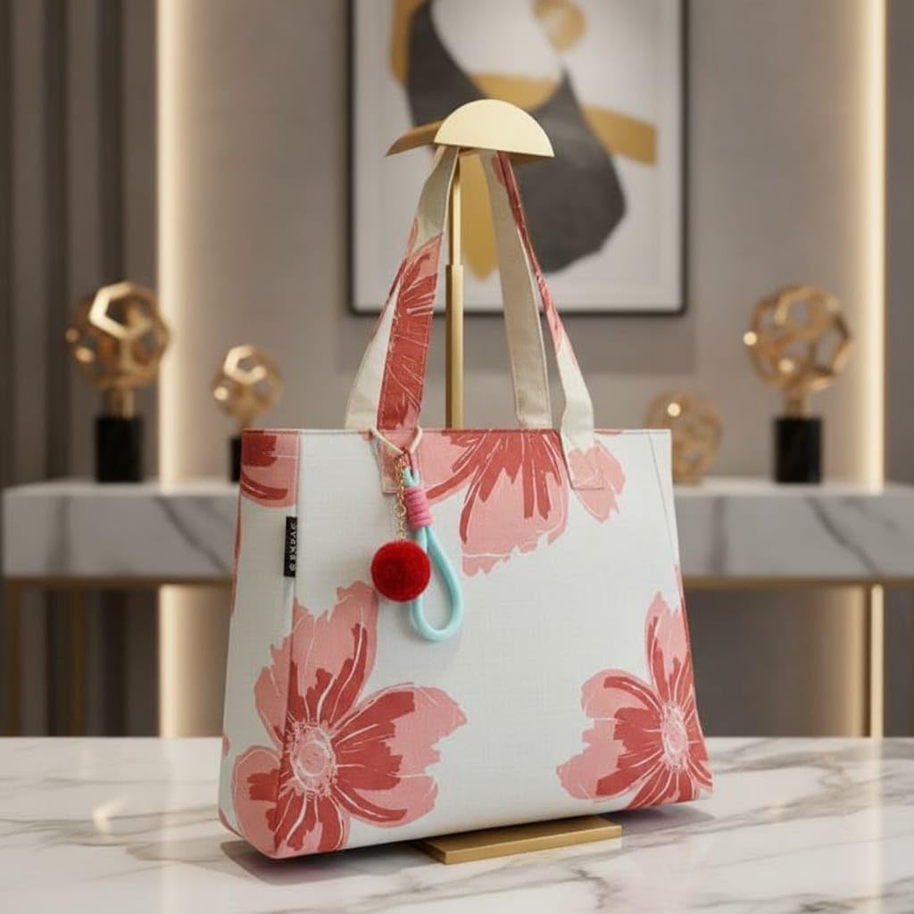 ENSAC Floral Print Tote Bag for Women | Stylish Office bag & Canvas Travel Handbag | Shopper and Shoulder Bag Lightweight Handbag with Multi Compartment | Travel, Office, Gym & Daily Use