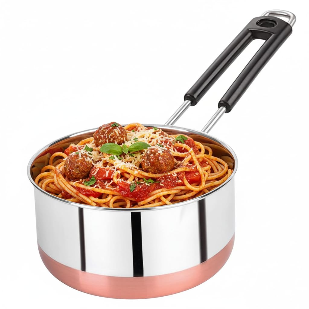 Padchaaya Copper Bottom Sauce Pan Tea Maker Milk Coffee pan bhgoni Stainless Steel Sauce Pan with Handle, Flat Base, Tea Pan, Milk Pan Tapeli Patila, Pot (Copper- 1.5 L)