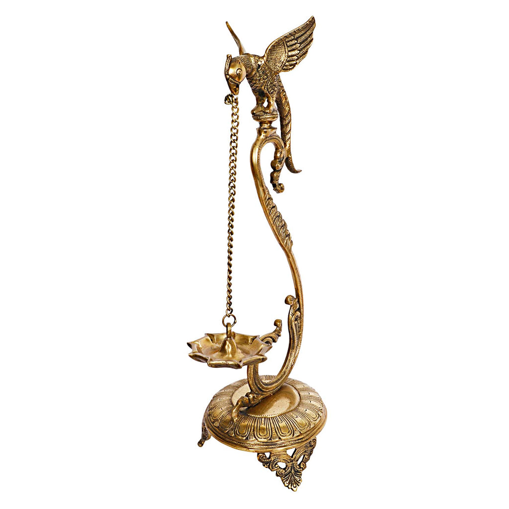 ARTVARKO Brass Parrot Hanging Diya 24 Inch | Peacock Design Oil Wick Lamp Deepak for Pooja Room, Home Temple, Diwali Decoration & Spiritual Home Décor | Brass Hanging Lamp Gift
