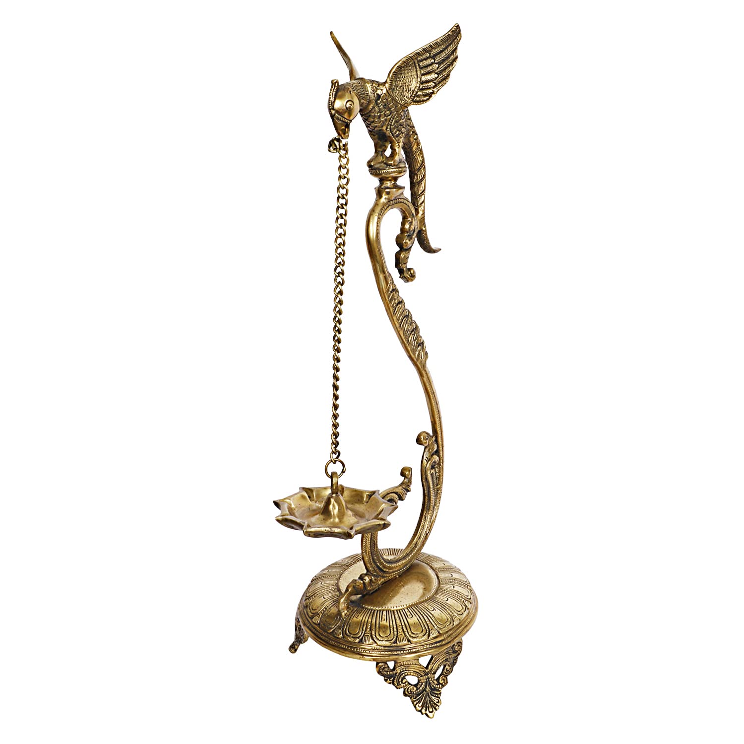 ARTVARKO Brass Parrot Hanging Diya 24 Inch | Peacock Design Oil Wick Lamp Deepak for Pooja Room, Home Temple, Diwali Decoration & Spiritual Home Décor | Brass Hanging Lamp Gift