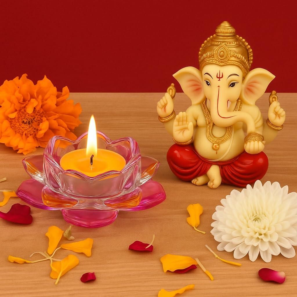 SHIKSHA PATRI Elegant Crystal Lotus Flower Tealight Holder – Premium Glass Candle Stand for Diwali, Christmas, Weddings & Home Decoration(Pack of 1) (Pink)