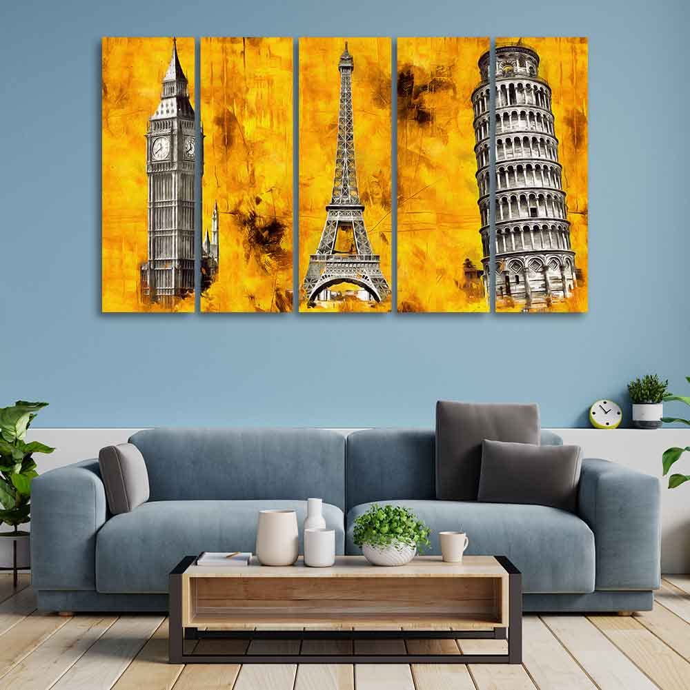 VIBECRAFTS Beautiful Monuments Premium Wall Painting Set of Five For Home|Office|Living Room|Gift (PTVC5Pcs4_8701)