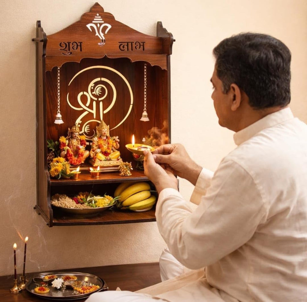 Wooden Pooja Mandir for Home, Pine Home Temple with Spacious Shelf, Hindu Mandir, Mini Temple for Home Decor, Living Room & Office (Natural Wood Brown, 32 X 26 X 20 Cms, Shree Design)