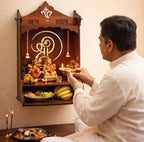 Wooden Pooja Mandir for Home, Pine Home Temple with Spacious Shelf, Hindu Mandir, Mini Temple for Home Decor, Living Room & Office (Natural Wood Brown, 32 X 26 X 20 Cms, Shree Design)
