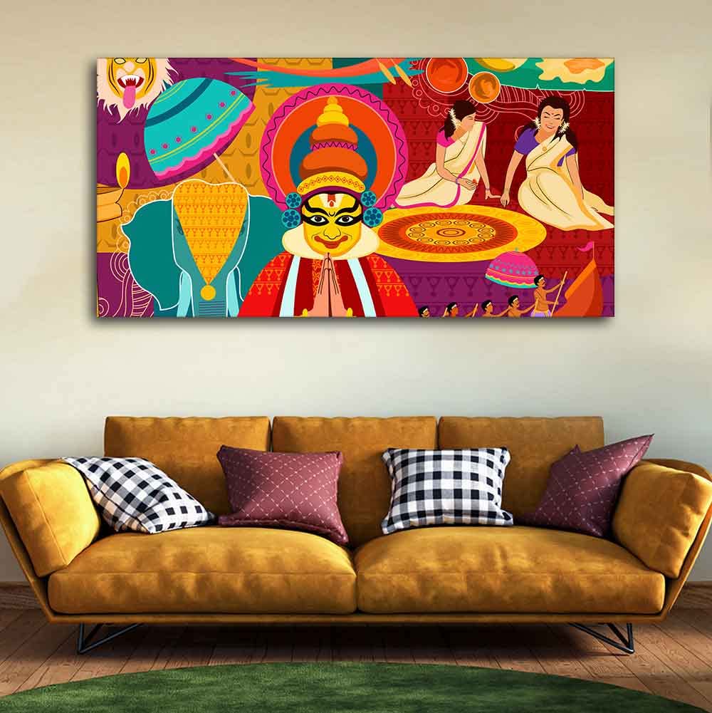 VIBECRAFTS Celebration Onam Festival Premium Canvas Wall Painting With Frame for Living Room Drawing Room Home|Office|Gift (PTVCH_2220)