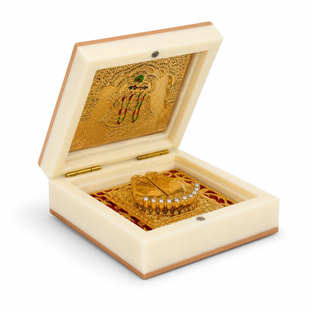 Radha Krishna Design Charan Paduka Pocket Temple for Pooja Room, Home Mandir, Car Dashboard & Prayer Space | Pearl & Brown Finish | Spiritual Gift & Housewarming Gift (Pearl, Small)