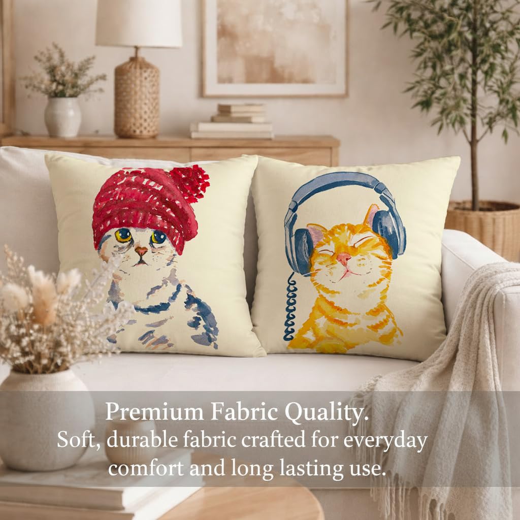 STITCHNEST Set of 2 Jute Cushion Covers – 12x12 Inches – Cute Cat in Beanie & Headphone Cat Prints – Designer Decorative Pillow Covers for Sofa, Living Room & Bedroom | Perfect for Home Decor