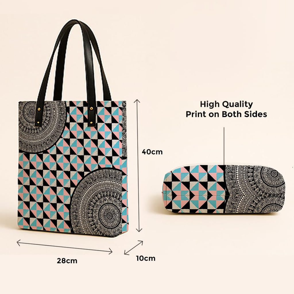 Kalankit Classic Tote Bag For Women | Canvas Printed Totes For Women | Aesthetic Shoulder College Bag For Girls | Vegan Leather | Lightweight Everyday Handbag | Gift for Woman | Checkered Chevron
