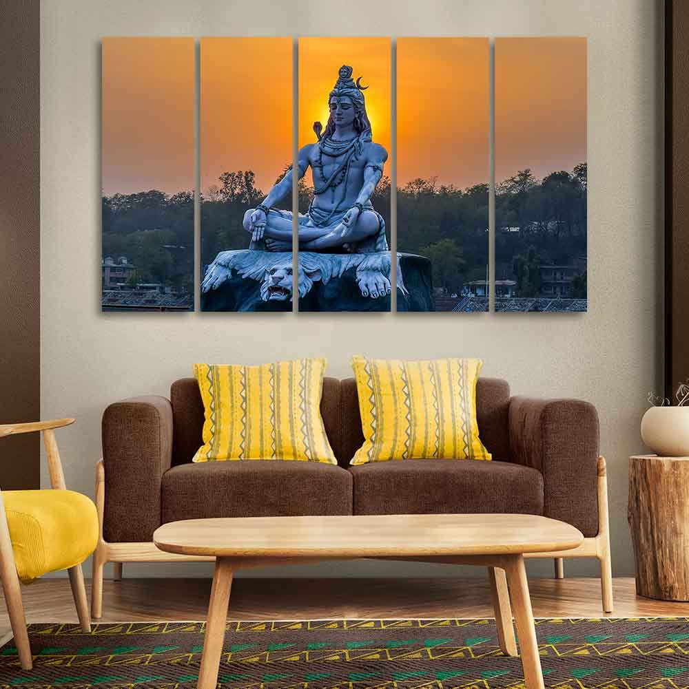 VIBECRAFTS Shiva Statue Canvas Wall Painting of Five Pieces For Home|Office|Living Room|Gift (PTVC5Pcs4_8669)