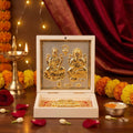 House Of Wemy Gold Plated Laxmi Ganesh Pocket Temple Box for Pooja Room | Lakshmi-Ganesha Divine Pooja Boxes With Photo Frame & Charan Paduka | Diwali Gift & Home Decor - White - 4.5 Inches -Pack of 1
