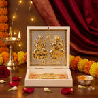 House Of Wemy Gold Plated Laxmi Ganesh Pocket Temple Box for Pooja Room | Lakshmi-Ganesha Divine Pooja Boxes With Photo Frame & Charan Paduka | Diwali Gift & Home Decor - White - 4.5 Inches -Pack of 1