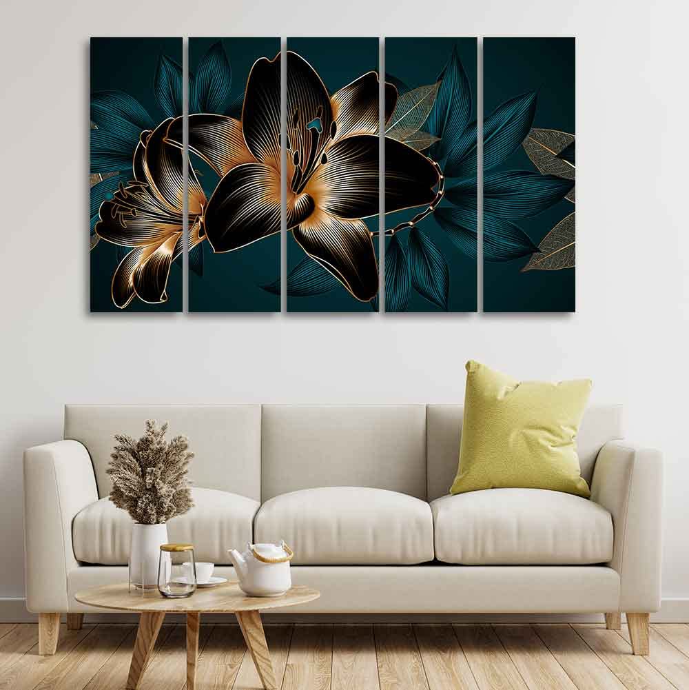 VIBECRAFTS Beautiful Lilies Flowers 5 Pieces Canvas Wall Painting For Home | Office | Living Room | Gift (PTVC5Pcs4_8547)