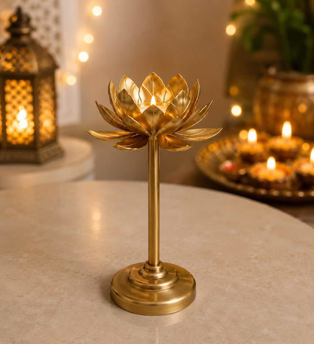 Easyera Lotus Golden Tealight Holder Stylishly Shaped Lotus Candle Stand Metal Beautiful Design Home Decoration Festival Occasions Size 12,10,8 Inch Set of 3 Not Include Glass(Adjustable)
