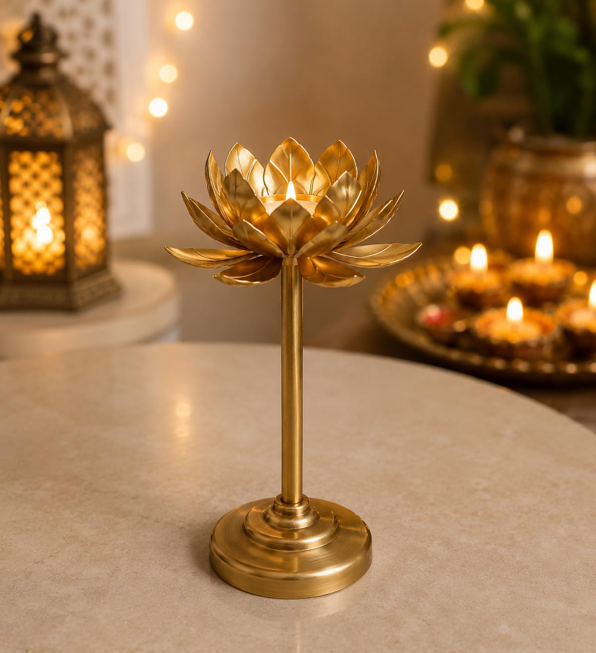 Easyera Lotus Golden Tealight Holder Stylishly Shaped Lotus Candle Stand Metal Beautiful Design Home Decoration Festival Occasions Size 12,10,8 Inch Set of 3 Not Include Glass(Adjustable)