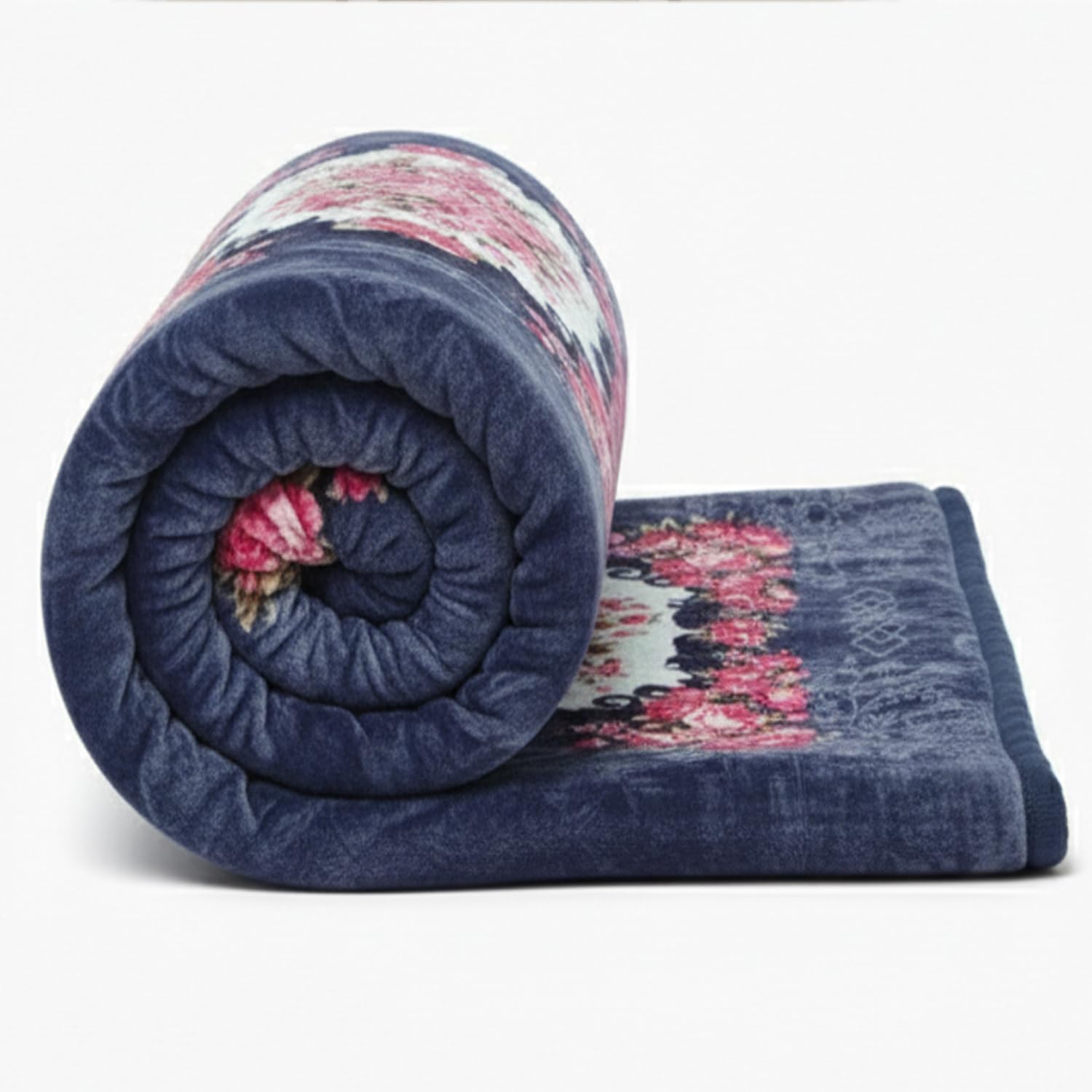 BENAVJI Mink Floral Embossed Super Soft AC Bed Velvet for Winter Blanket (Double, Dark Blue Multicolor) Kafalo
