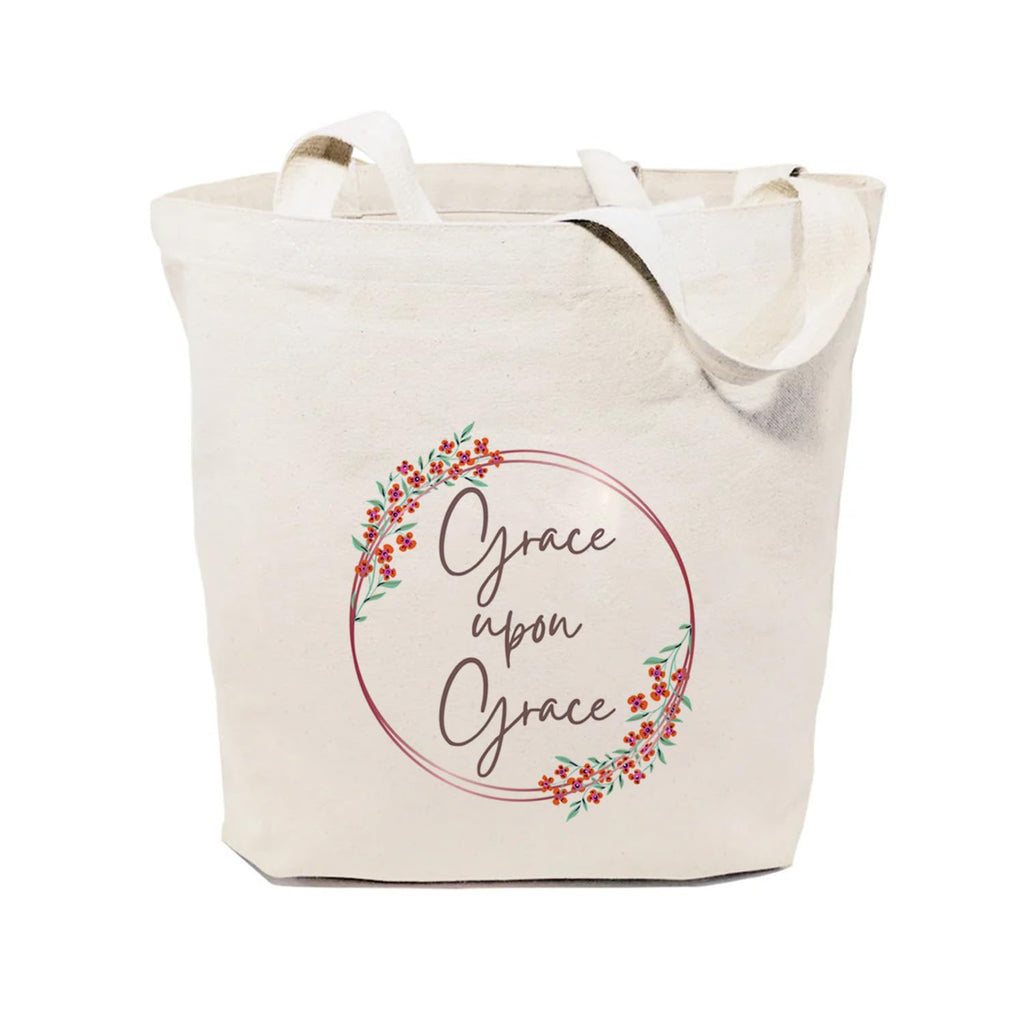 Heu Grace Quote Printed Canvas Tote Bag | Eco-Friendly Reusable Cotton Shoulder Bag | Floral Minimal Inspirational Shopping Tote for Women