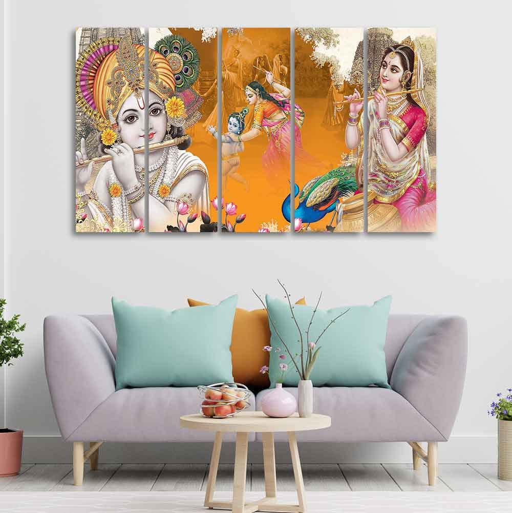 VIBECRAFTS Beautiful Radha Krishna Canvas Big Wall Painting Wall Art of Five Pieces For Home|Office|Living Room|Gift (PTVC5Pcs4_8724)