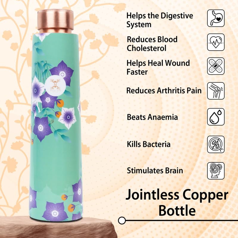 MERCAPE® Pure Copper Water Bottle 900ml | Jointless Design with Leak-Proof Cap | Floral Printed Copper Bottle for Home, Office, School, Travel & Gym | Durable Exterior Finish