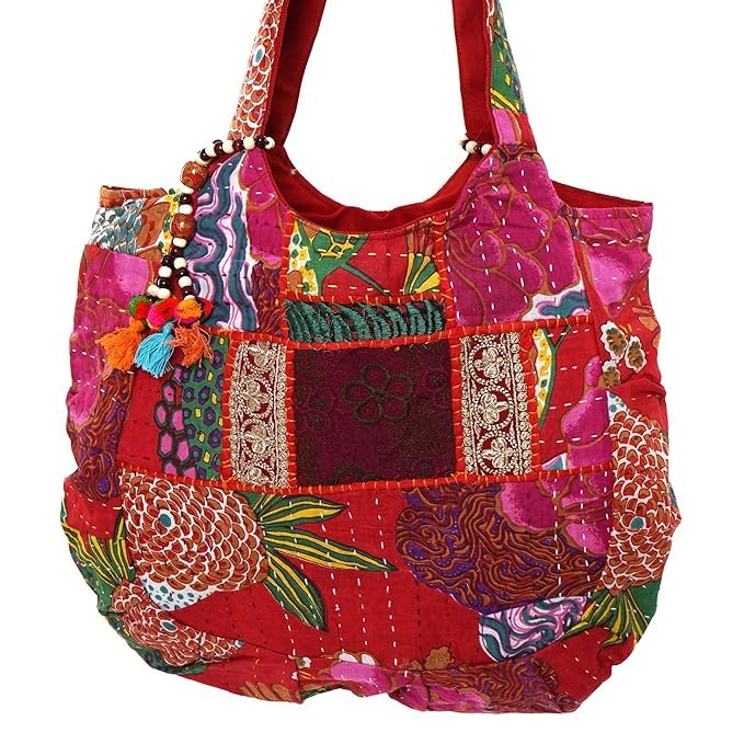 PREET GALLERY Handmade Cotton Patchwork Tote Bag for Women, Multicolour (Rani Pink & Red), Double Handle Shoulder Bag, Pure Cotton