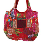 PREET GALLERY Handmade Cotton Patchwork Tote Bag for Women, Multicolour (Rani Pink & Red), Double Handle Shoulder Bag, Pure Cotton