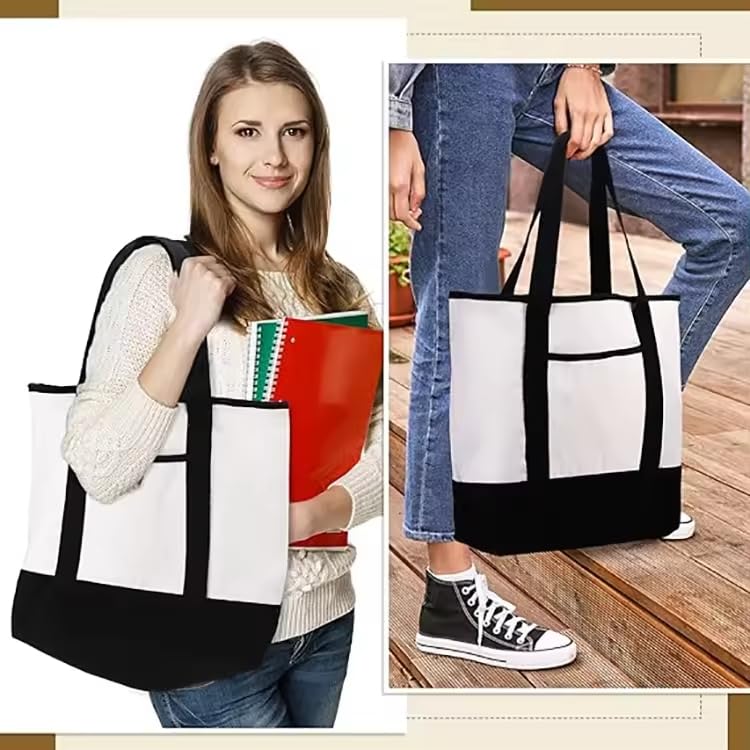 ketmart Cotton Canvas Tote Bag, Reusable Grocery vegetable Shopping Fashionable Two-Tone Cloth Bags for Crafts, DIY Your Creative Designs(Color_Off White)
