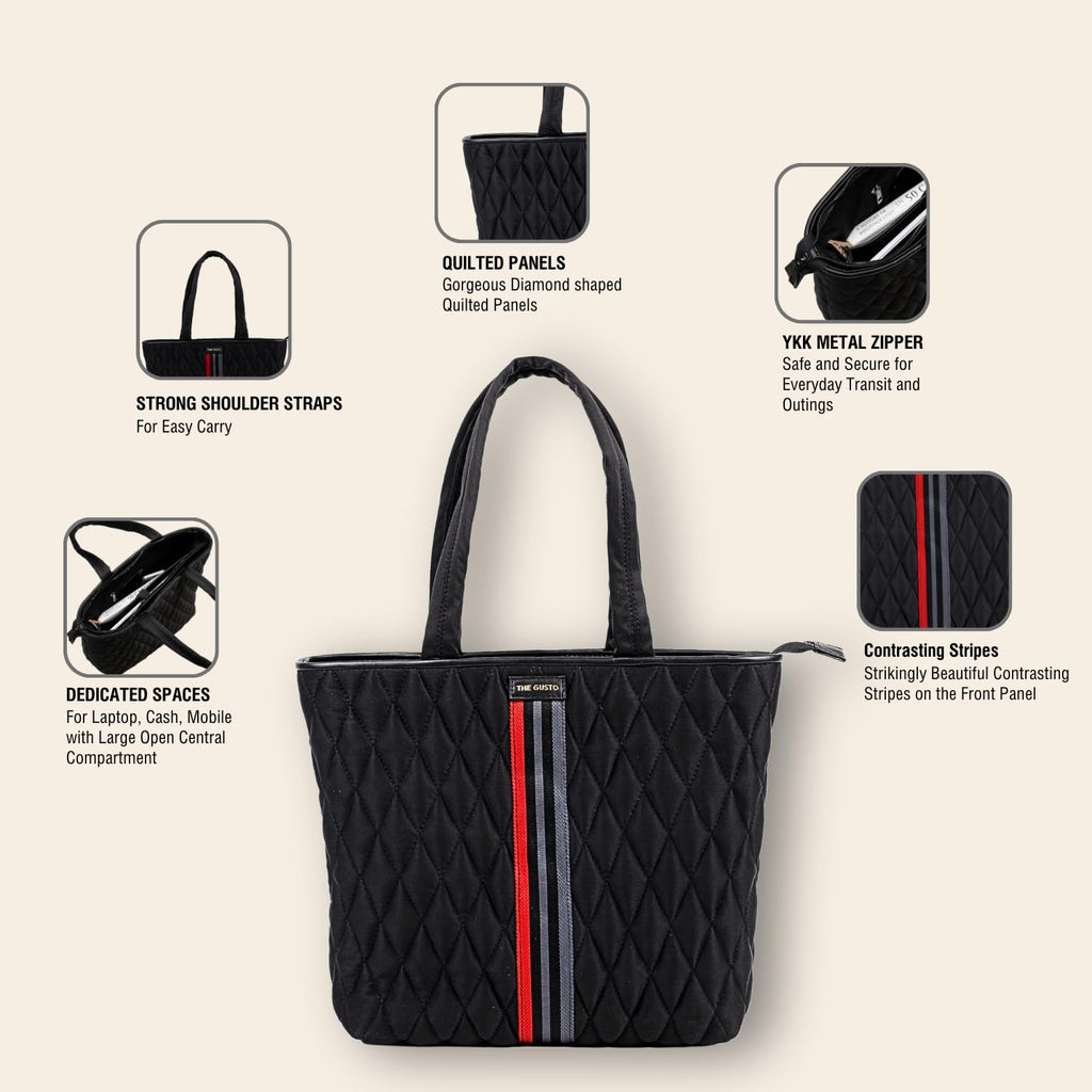 The Gusto Amber Tote Bag for Women|Vegan Leather Shoulder Sling Bags|Ladies Stylish Shoulder Hand Bag with Zipper Closure|Office College Travel Casual Everyday Use- Black