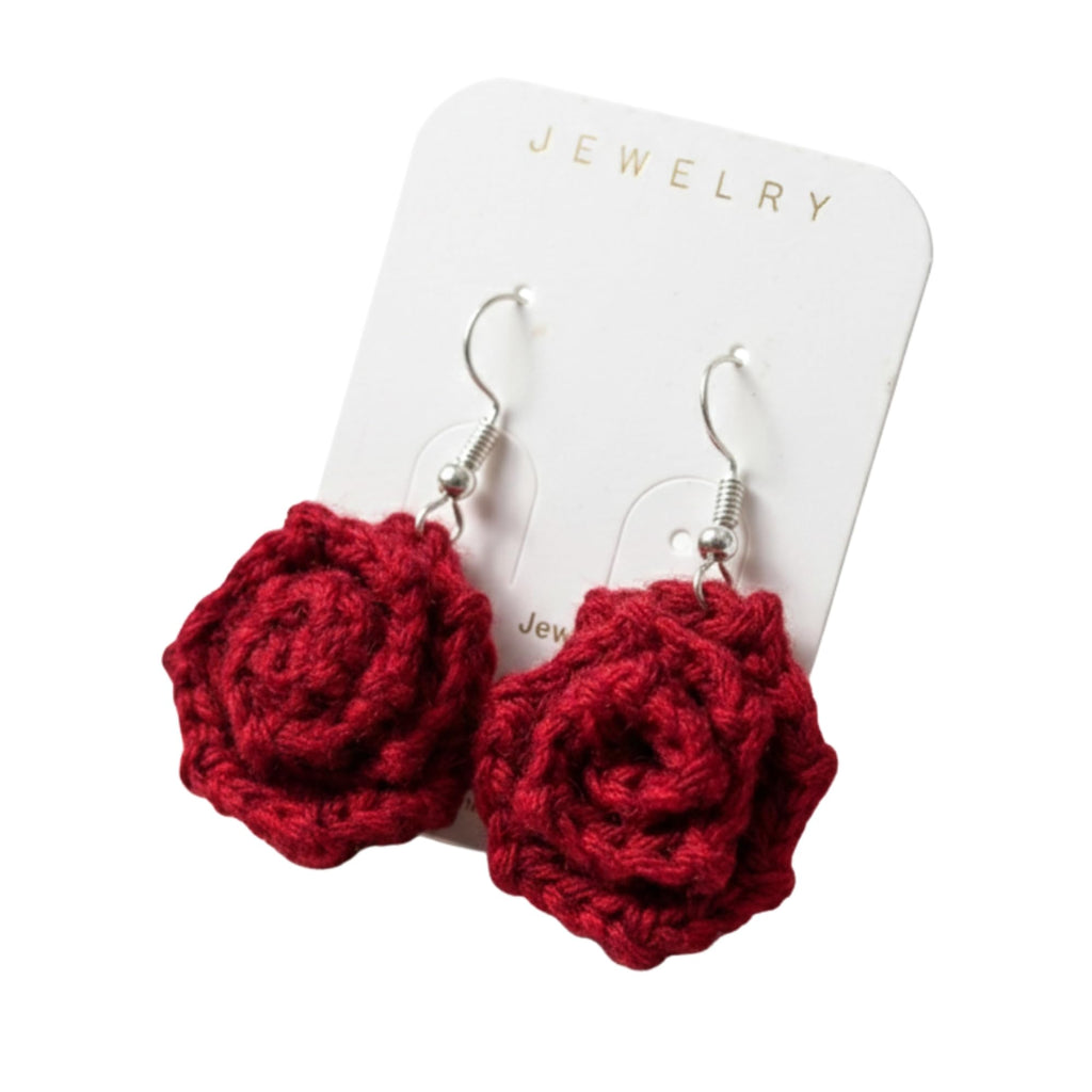 Handmade Crochet Rose Earrings – Delicate Floral Studs & Lightweight Statement Jewellery