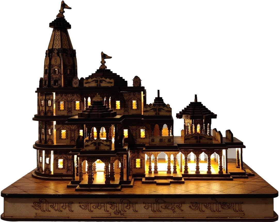 Rcelebrare LED Light Hand Carved Temple with Multicolor Lights Shri Ram Mandir Ayodhya 3D Decorative Showpiece Wood Temple for Gift Replica Wooden Ram Janmbhoomi for Home Decoration (Big 6 -inch)