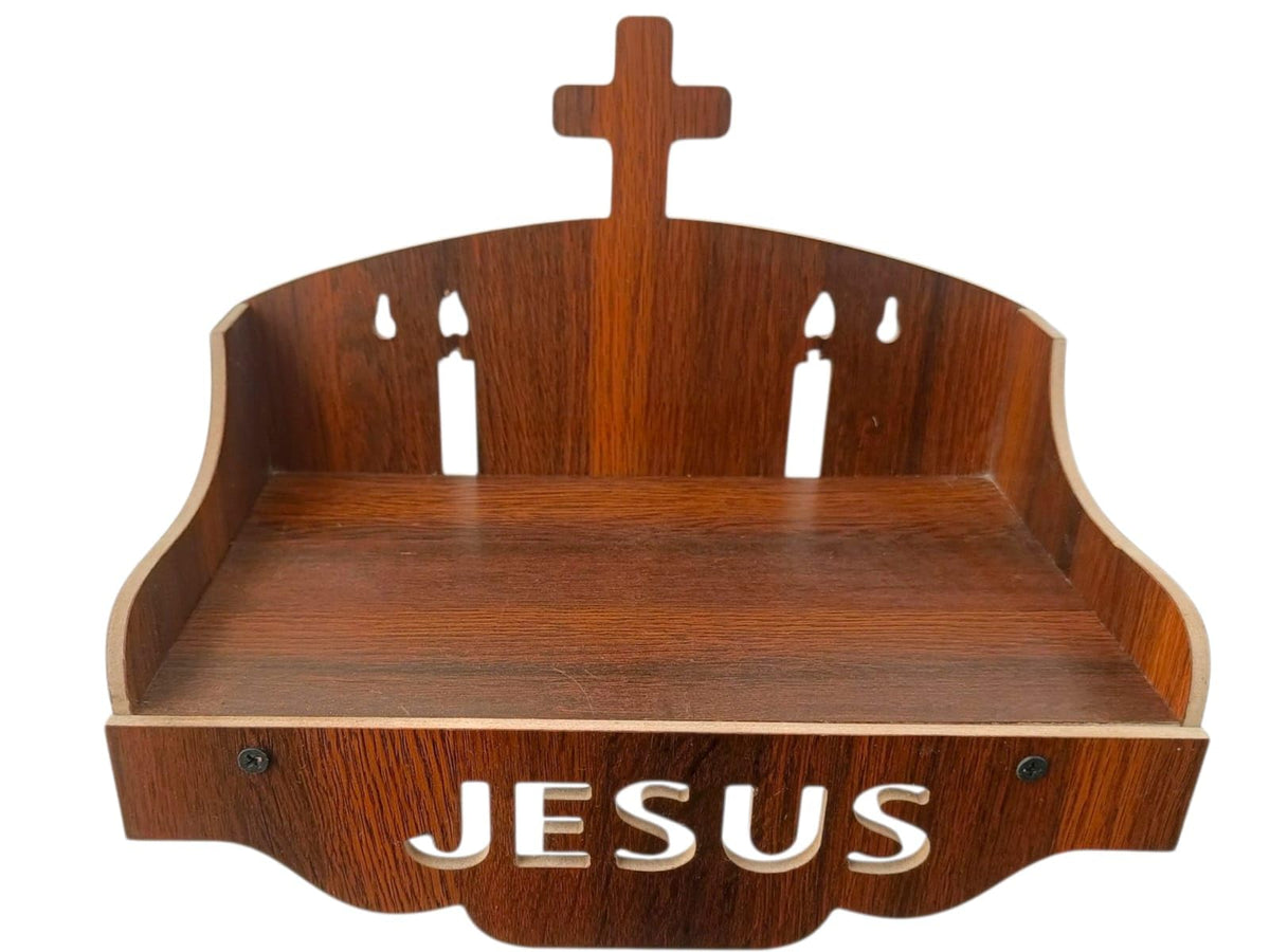 Jesus Wooden Wall Shelf with Cross Design Christian Pooja Stand for Home