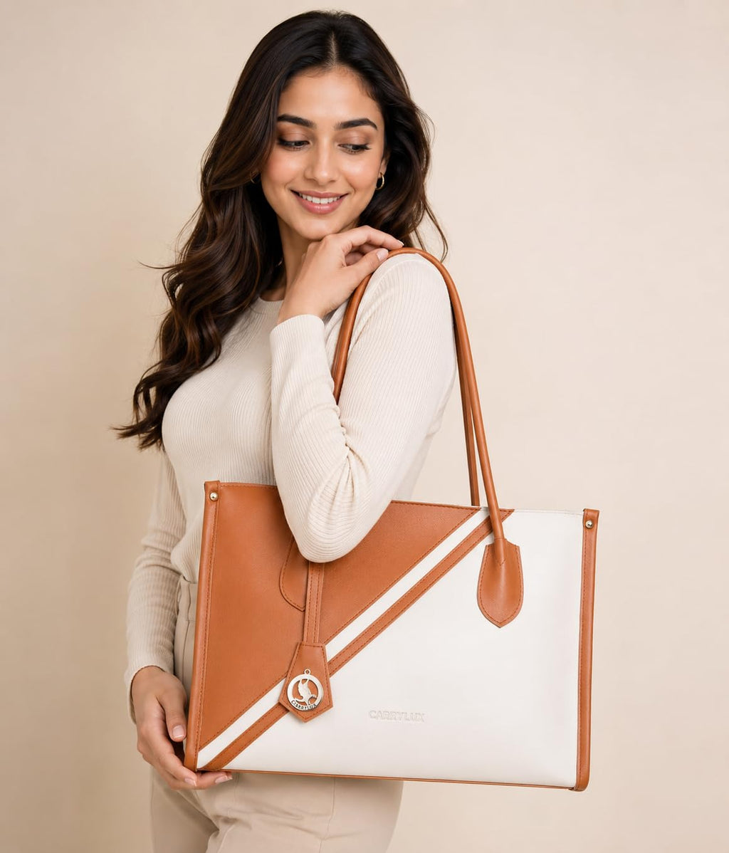 Carrylux Women's Soft & Lightweight Tote Bag | Handbag | 14-inch Laptop Space | Ivory & Tan (Ivory)