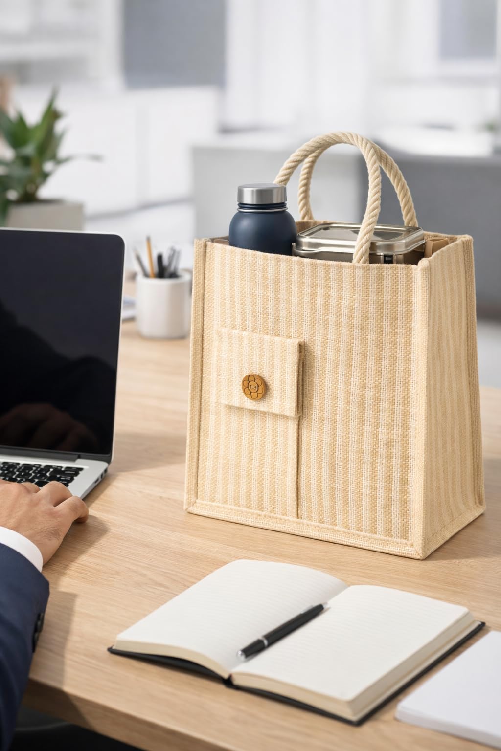 MOZU BAZAAR Jute Lunch Bag with Zip | Lunch Box Bag for Office Use | Jute Bag for Lunch | Jute Bags for Women & Men, Shopping, Grocery & Office Essentials (Button Flap)