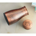 INDIAN ART VILLA Pure Copper Bedroom Water Bottle with Inbuilt Glass, Hammered Antique Design - Drinkware & Storage Purpose, Volume 950 ml (Pack of 1)