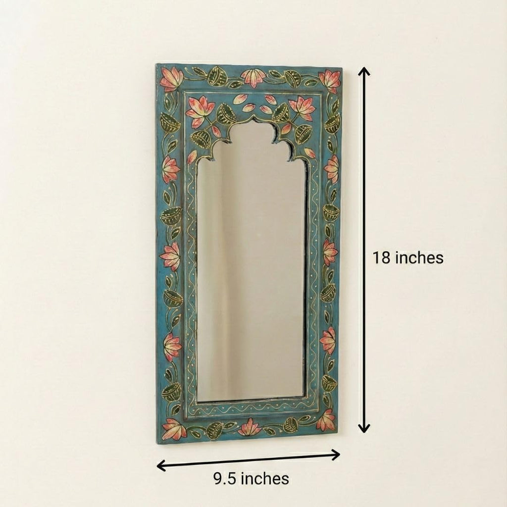ATRANGI STUDIO Midnight Blue Handpainted Wooden Mirror | Handcrafted Arch Design with Floral Motifs | Rajasthani Traditional Jharokha Style Mirror | Framed Wall Hanging for Home, Bedroom |18x9.5 Inch