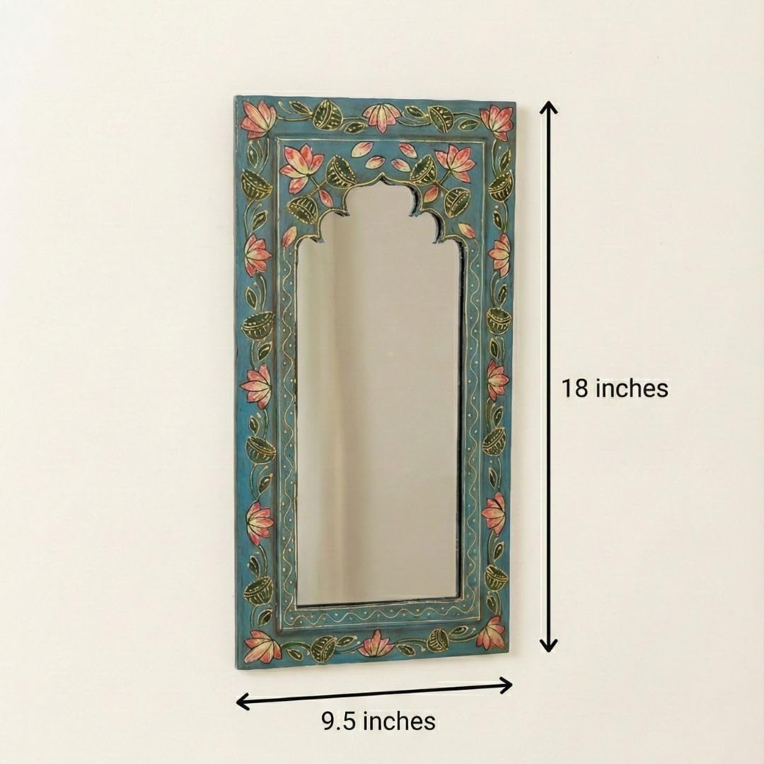 ATRANGI STUDIO Midnight Blue Handpainted Wooden Mirror | Handcrafted Arch Design with Floral Motifs | Rajasthani Traditional Jharokha Style Mirror | Framed Wall Hanging for Home, Bedroom |18x9.5 Inch