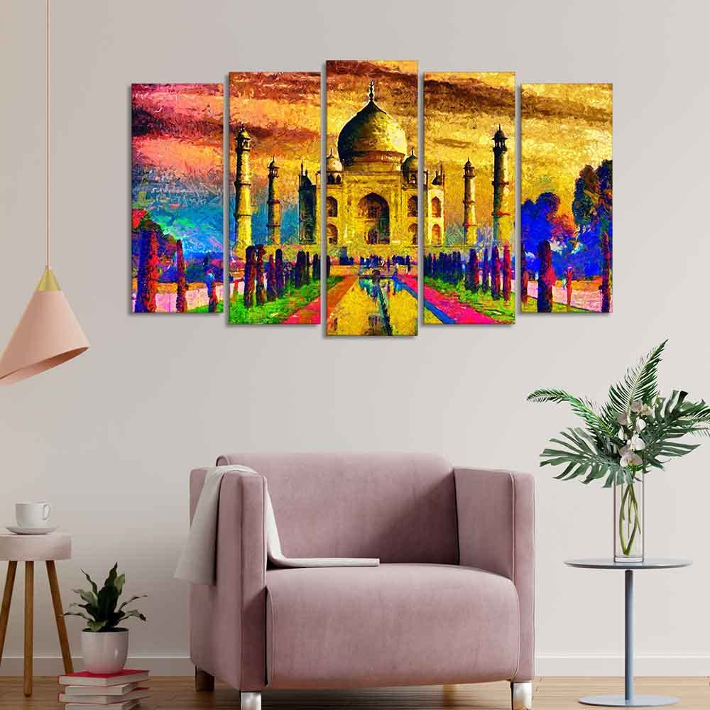 VIBECRAFTS Beautiful Taj Mahal Canvas Wall Painting Set of Five Pieces For Home|Office|Living Room|Gift (PTVC5Pcs2_6522)