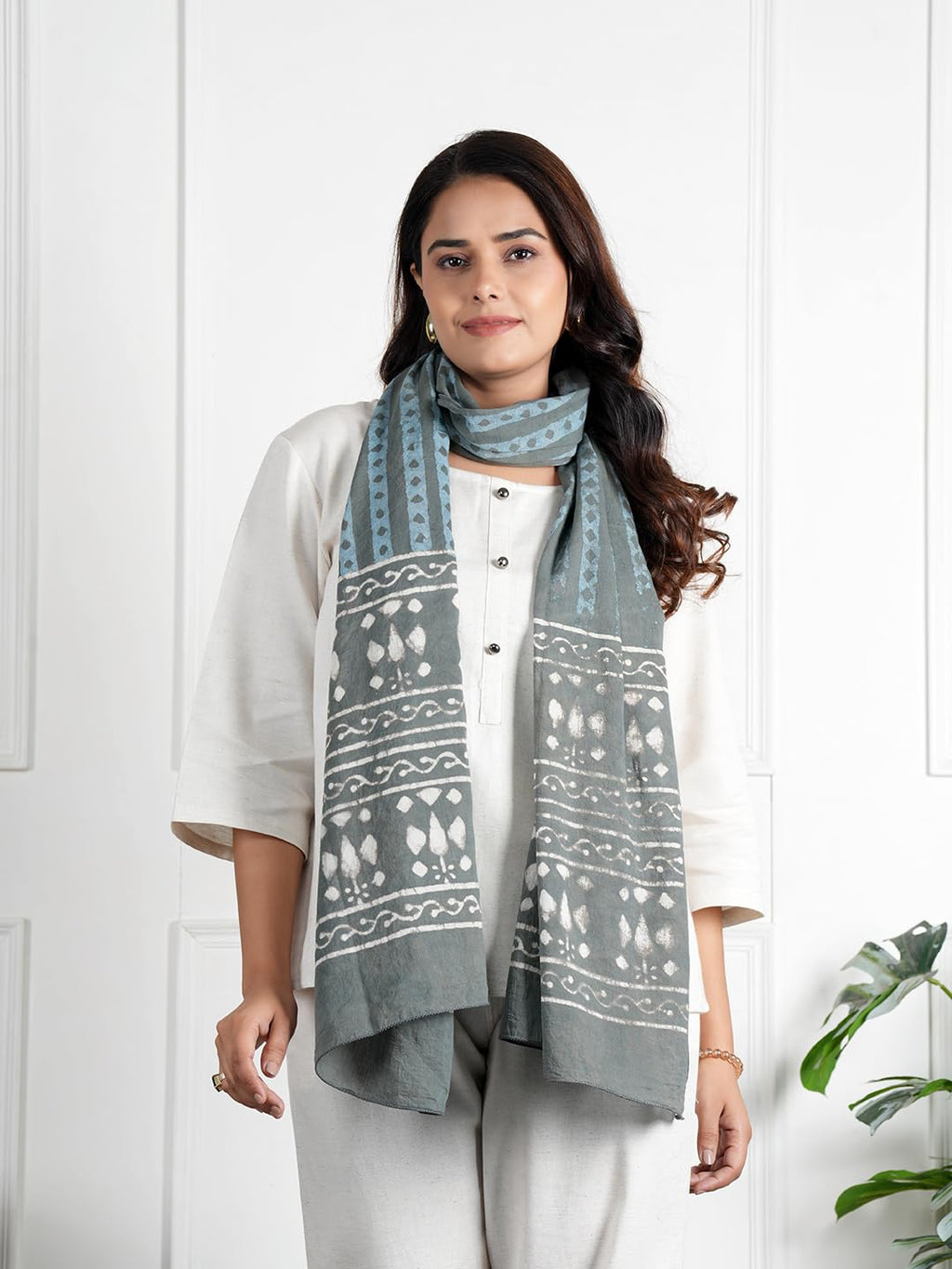 RAI SAHAB Printed Cotton Scarf for Women, Lightweight Soft Scarves Stoles for Summer & Winter(ST-98GREY10)