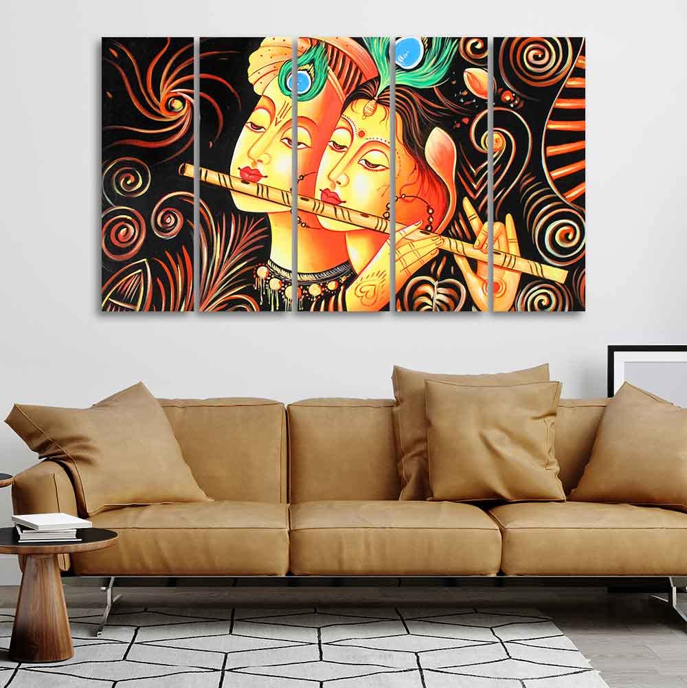 VIBECRAFTS Radha Krishna with Flute Five Pieces Canvas Wall Painting For Home|Office|Living Room|Gift (PTVC5Pcs4_8708)