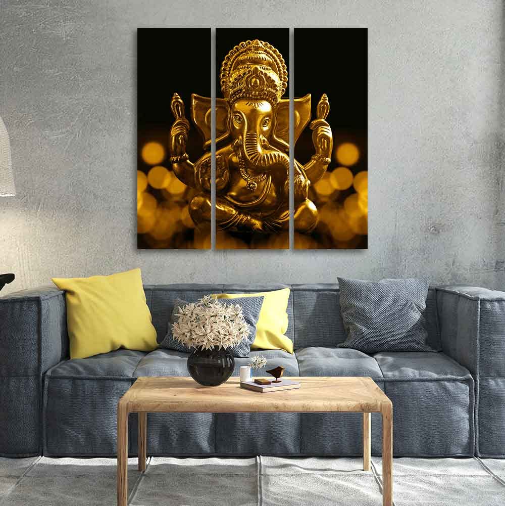 VIBECRAFTS Shree Ganesha 3 Pieces Canvas Wall Painting Fitted With Wooden Frame For Home | Office | Living Room | Gifts (PTVC3Pcs1_9506)