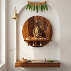 KHATICRAFT Nava 100% Solid Sheesham Wood Wall Mounted Temple for Home | Wooden Pooja Mandir with Om Design, 4 Brass Bells & Prayer Shelf | Honey Finish