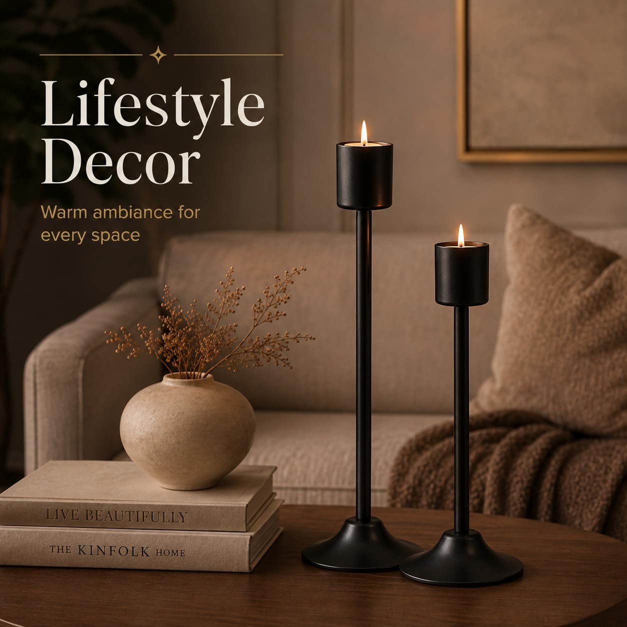 Black Metal Candle Holder Stand Set of 2, Tall Modern Taper Candle Holders with Wide Stable Base, Decorative Tabletop Candle Stands for Living Room, Dining Table, Wedding & Home Decorr