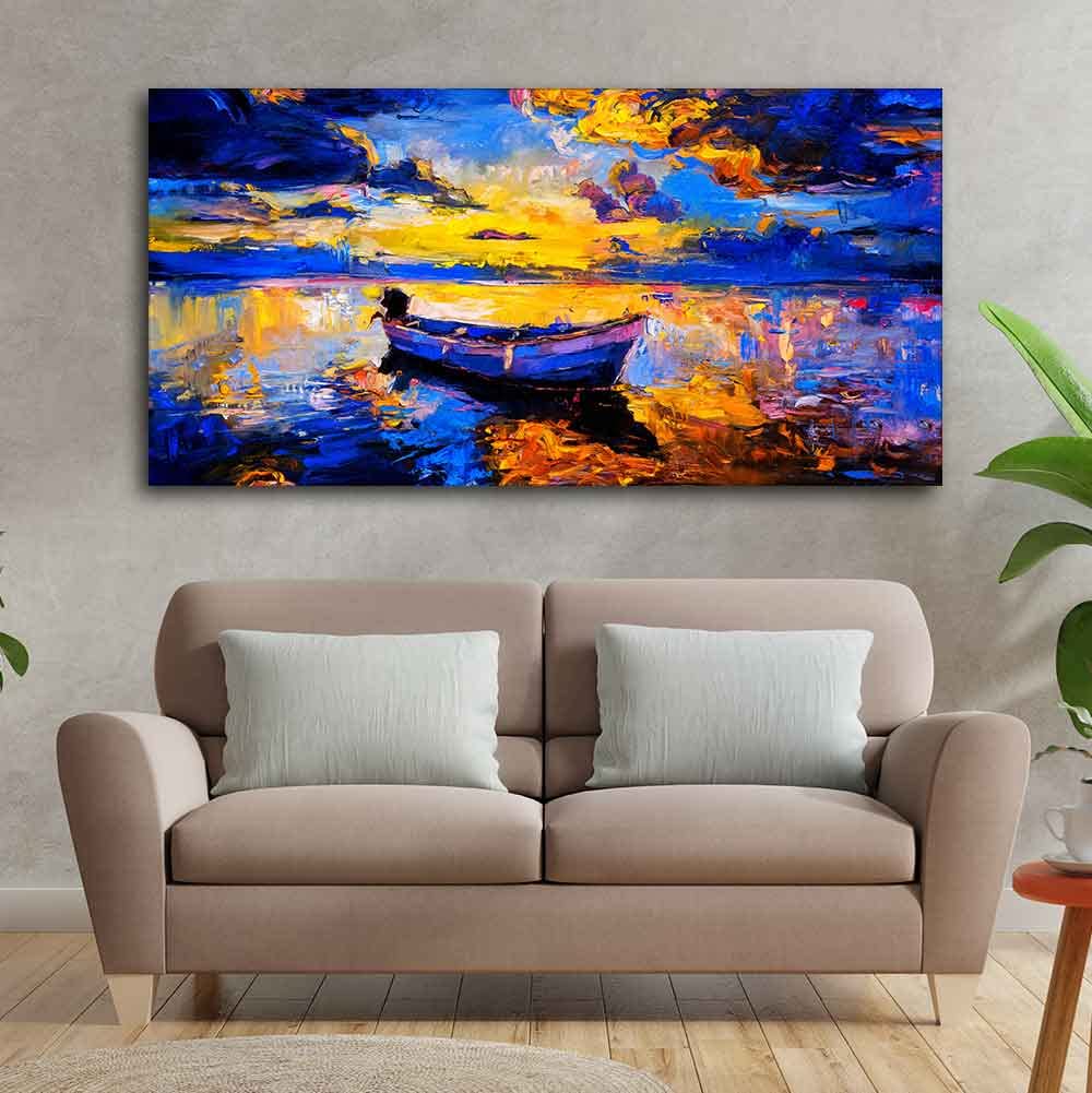 VIBECRAFTS Boat Sunset over Ocean Premium Canvas Wall Painting With Frame for Living Room Drawing Room Home|Office|Gift (PTVCH_2227N)