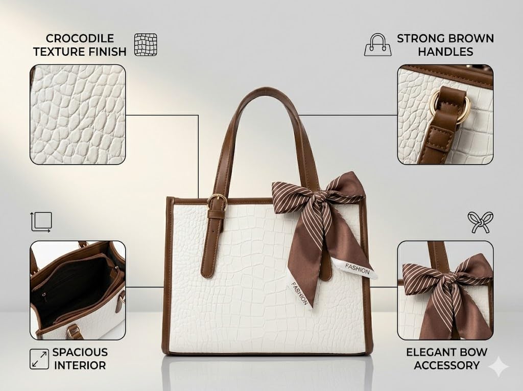 Pavilonn Women Handbag PU Leather Tote Purse Stylish Shoulder Office Bag Black Structured Croco Pattern Ladies Fashion Shopping Handbag Daily Use College Gift (BROWN AND WHITE)