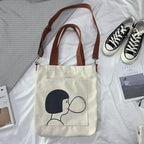 Aurbuy Cotton Tote Bags for Women, College Bag for girls With Inner & Outer Pockets, Utility Tote bags for Shopping, Travel & Daily use (Bag-Cream-Print-Girl-with-Ballon)