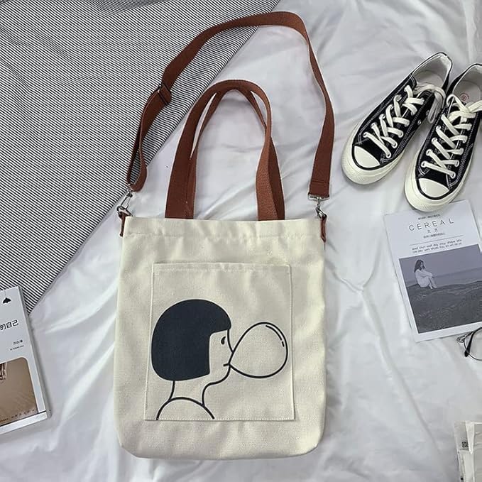 Aurbuy Cotton Tote Bags for Women, College Bag for girls With Inner & Outer Pockets, Utility Tote bags for Shopping, Travel & Daily use (Bag-Cream-Print-Girl-with-Ballon)