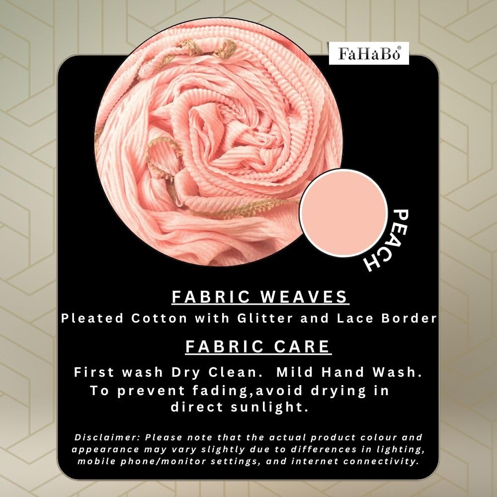 FAHABO Scarf Woman Pleated Cotton with Glitter and Lace Border Scarves | Hijab Scarf | Headscarf | Neck Scarf | Stoles | Wraps (Peach)