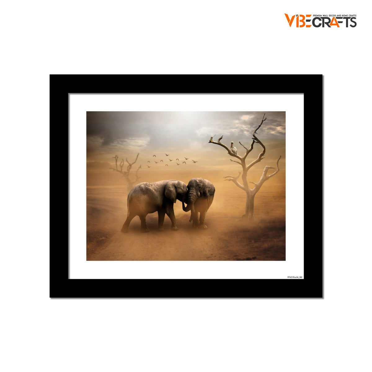 VIBECRAFTS Two Elephants in the Field Quality Wall Frame Painting Digital Reprint Posters with Synthetic Wooden Frame Home, Office Decorative Gift Item(11 inch x 9 inch)(PFVC1Pcs3H_502)